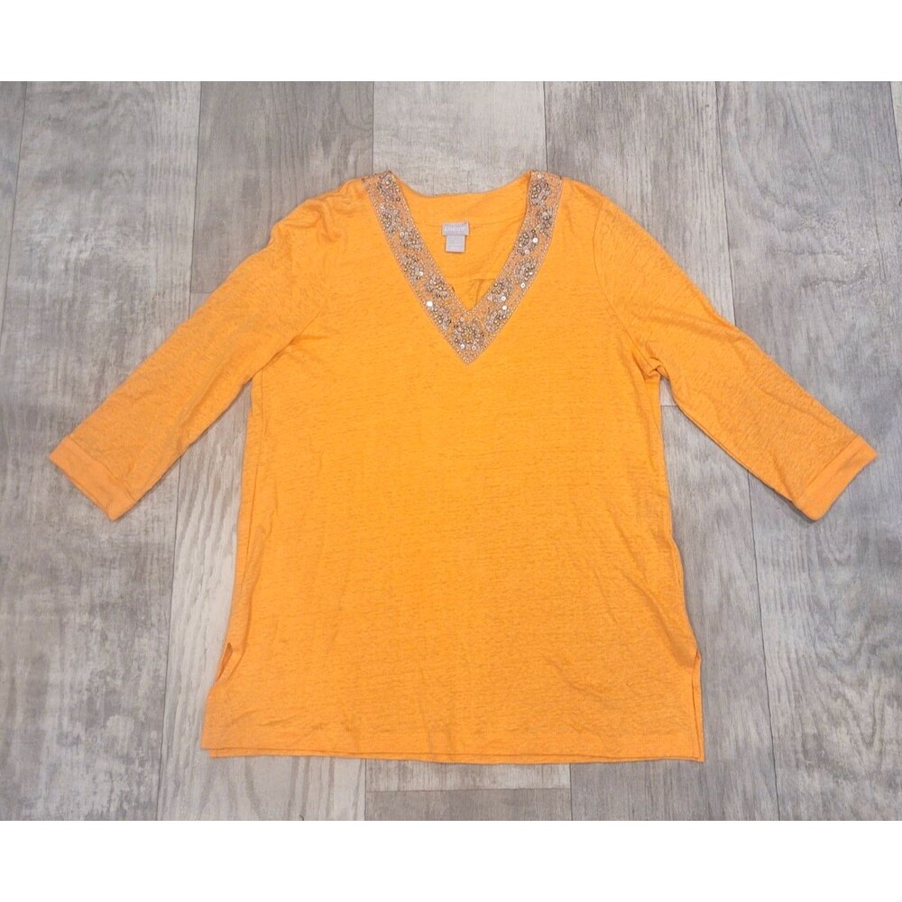 Chico's 100% Linen Orange V-Neck Embellished Sequin Top Size 1 (M) 3/4 Sleeves